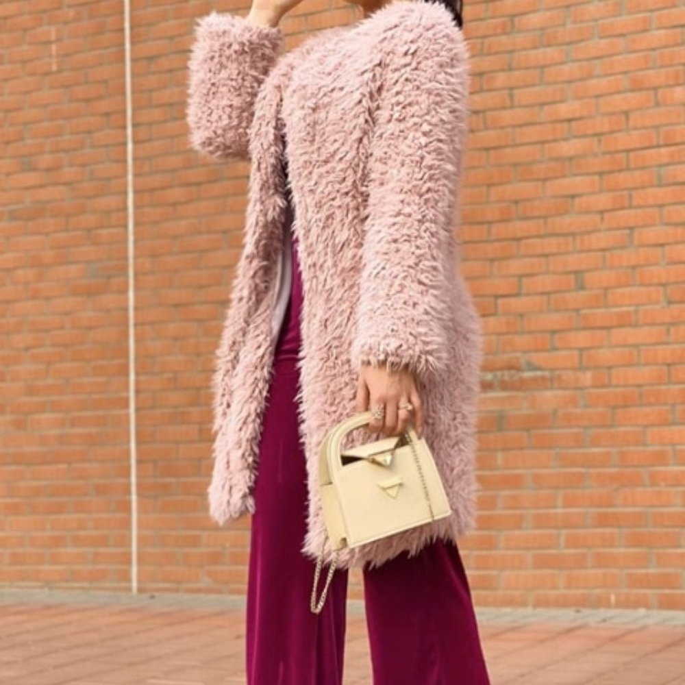 Pink oversized Open Front Fuzzy teddy Coat jacket - Picture 12 of 12